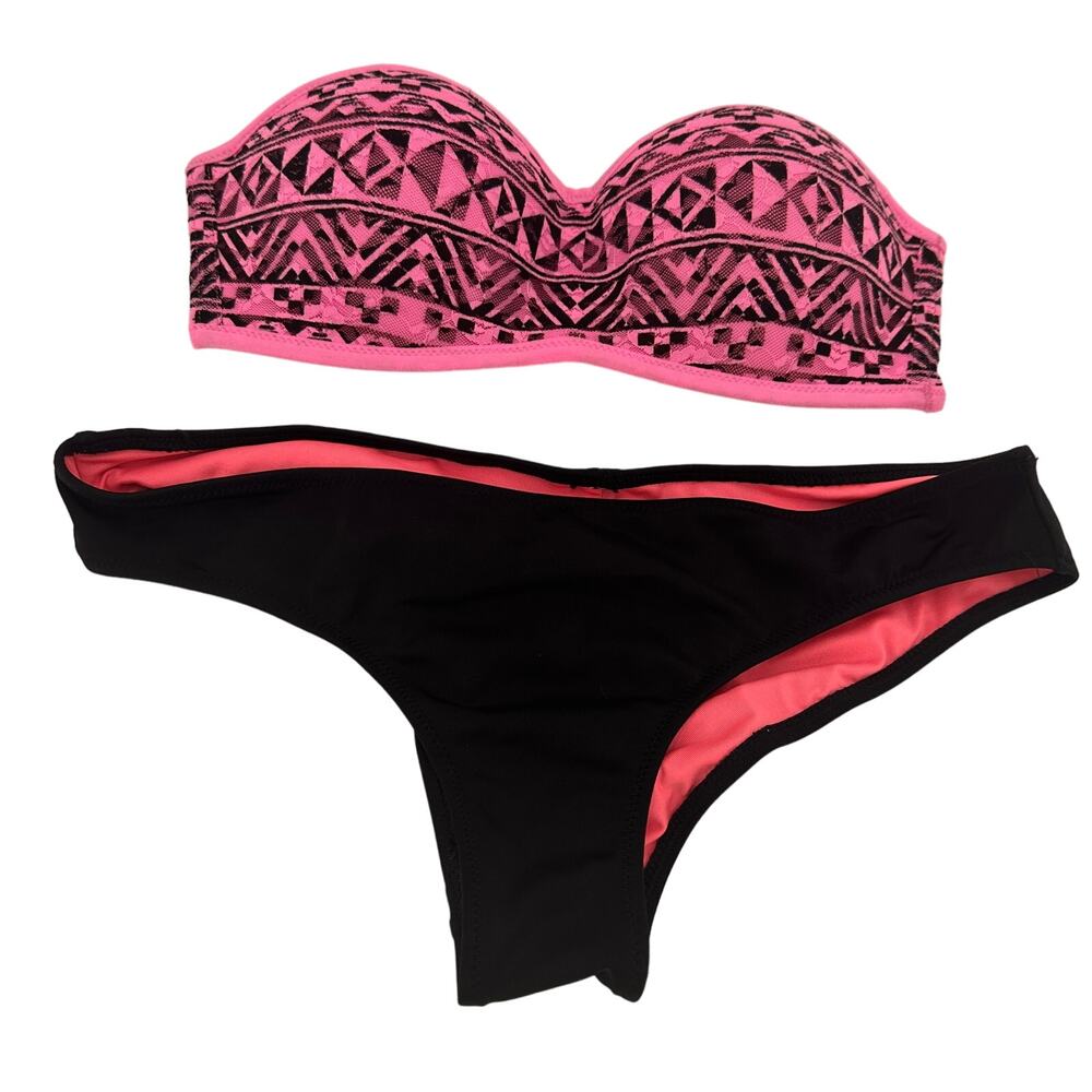 PINK Victoria's Secret Pink Black 2 Piece Lace Bandeau Scrunch Butt Bikini Small